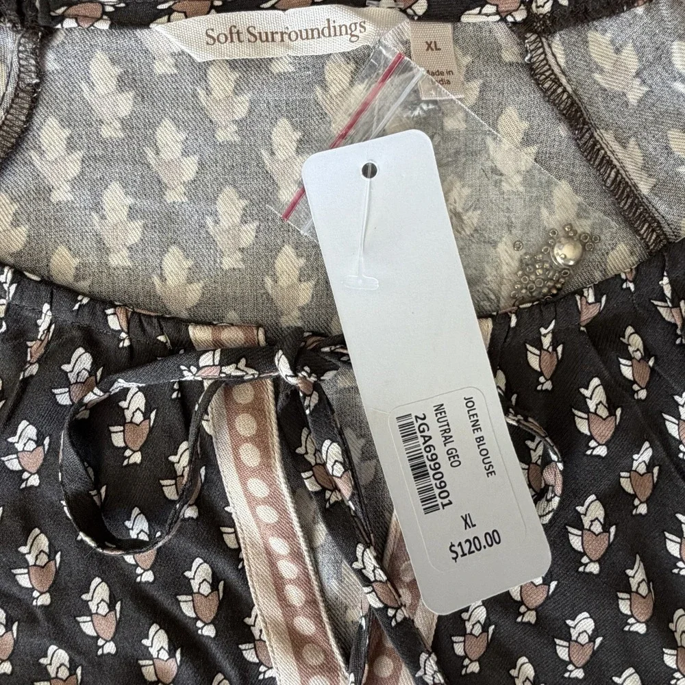 Soft Surroundings Jolene Peasant Blouse Sz XL Neutral Geo Cottagecore NWT $120